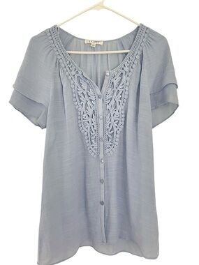 Spense Light Blue Crochet-Trim Button Front Blouse